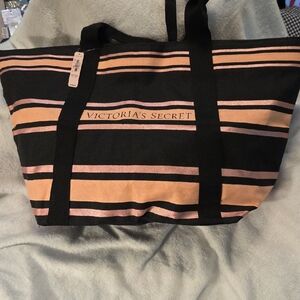 Victoria's Secret NWT Black and Pink Striped Huge Canvas Tote Bag w/zip Closure